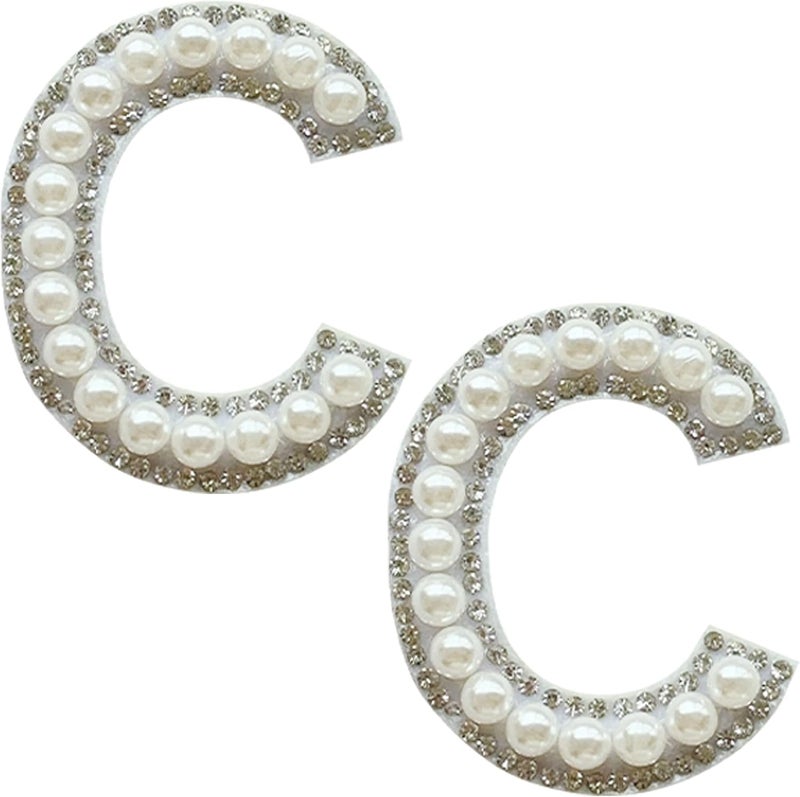 SOYCEV 2PCS White Pearl Iron on Letter Patches Rhinestone Letter Patches Sequin Letter Patches Sparkly Letter Patches for Backpacks Clothing (C) - Image 1